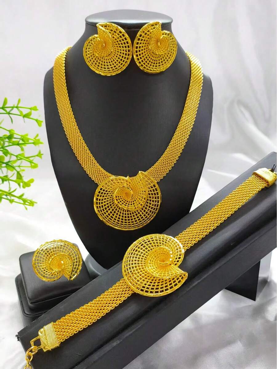 4 件女士时尚不对称镂空吊坠项链耳环手链戒指首饰套装，适合欧洲、美国、非洲和中东市场、新娘、婚礼、派对、生日、节日和日常佩戴 - 金黃色 - 查看 1