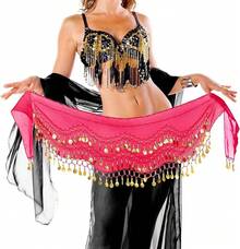 Chiffon Belly Dance Hip Scarf With 128 Coins For Yoga Class - Hot Pink - View 8