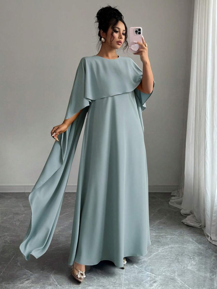 女士优雅纯色长袍连衣裙，适合夏季和秋季穿着 - 淺藍色 - 查看 1