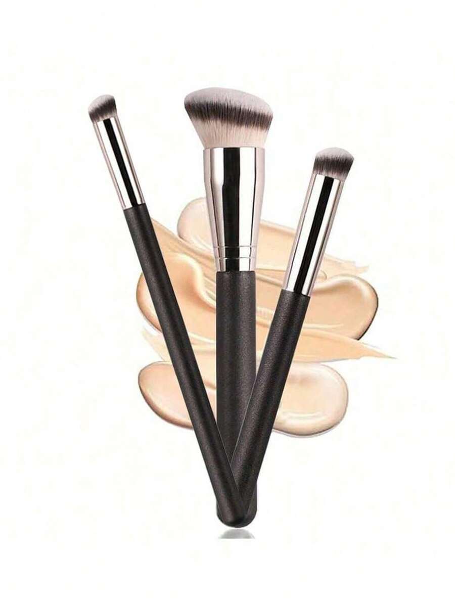 3支装时尚珍珠柄柔软密实刷毛遮瑕刷，遮瑕刷和鼻部轮廓刷，适用于遮瑕膏混合、定妆和粉底液/膏状产品抛光，男女通用，粉底刷、遮瑕刷、腮红刷、轮廓刷、修容刷、散粉刷、粉底刷、腮红刷 - 黑色 - 查看 1