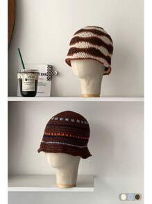 1pc Vintage Striped Handmade Hollow Out Bucket Hat, Women Summer Outdoor Sun Protection Hat, Contrast Color Stripes Handcrafted Knitted Bucket Hat, Women Autumn/Winter Outdoor Petite Size Knitted Cap, Versatile Autumn Accessories
