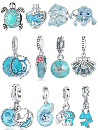 1 pieza Colección del océano azul Colgante con glamour de concha, caracol, tortuga, pulpo, cola de pez, ballena y bikini con cuentas para collares y pulseras, regalos de joyería de verano DIY