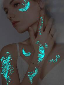 1 Arkusz Duży Rozmiar Niebieski Świecący I Biały Tusz Świecący W Ciemności Oryginalność Body Art Tymczasowe Naklejki Tatuażowe, Brokat Latający Ptak Gwiaździste Niebo Pióra Wzór, Wodoodporny Fałszywy Tatuaż, Trwałość 2-5 Dni, Zakrywający Blizny, Może Być Używany Na Ramionach Nadgarstkach Nogach Talii Szyi Dłoni Klatce Piersiowej Udach Palcach, Prezent Niespodzianka Na Imprezę Urodzinową