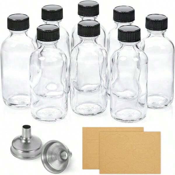 Set Of 8 Miniature 2 Oz Clear Glass Bottles With Lid And Funnel Perfect For Health Immunity Wellness Samples And More Ideal For Personal Care And Beauty