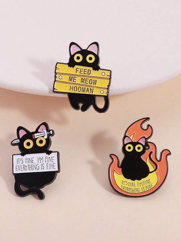 3pcs Cute 3 Little Black Cats Animal Metal Brooch Pins, Fashion Clothing Accessories