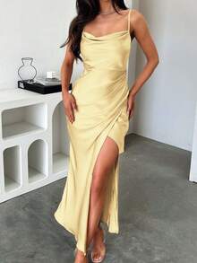 Look Polly 夏季女装，奶油黄色真丝长裙吊带裙，婚礼女装秋季女装，返校服，派对女装露肩礼服舞会礼服，优雅性感露腿长裙返校节礼服万圣节服装女士圣诞服装