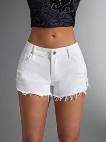 Jeanoix 斜口袋休闲毛边牛仔短裤 - 白色 - 查看 4