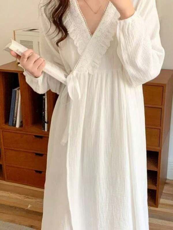 1pc Lace Trim Sweet Lace-Up Bathrobe, Sleepwear Dress, Princess Style Loungewear, Luxury Women Bathrobe