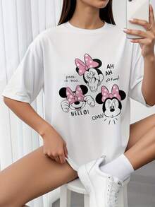 Women's T-Shirts - Cute Cartoon Graphic Print With Polka Dot Ribbon And "Ouch!" Speech Bubble, Y2K Style Streetwear Tops, White Casual Short Sleeve Shirt - 白色 - 查看 1