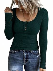 Women's Long Sleeve Henley T Shirts Button Down Slim Fit Tops Scoop Neck Ribbed Knit Shirts/Vacation Outfits Women/Valentine Outfits For Women - 墨綠色 - 查看 1