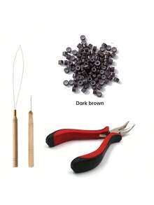 Hair Extensions Tools Kit 100 Pcs Black Dark Brown Light Brown Gold Micro Ring Beads 1 Micro Beads Plier 1 Hook Needle Pulling - Multicolor - View 11