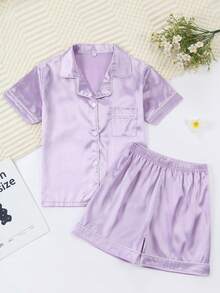 Girls Pajamas, Satin Silky Pjs Set Kids 2Pcs Button-Down Nightwear Sleepwear Gift For Kids - Màu tím hoa cà - Xem 1
