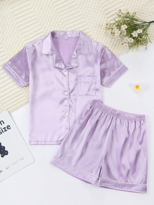 Girls Pajamas, Satin Silky Pjs Set Kids 2Pcs Button-Down Nightwear Sleepwear Gift For Kids