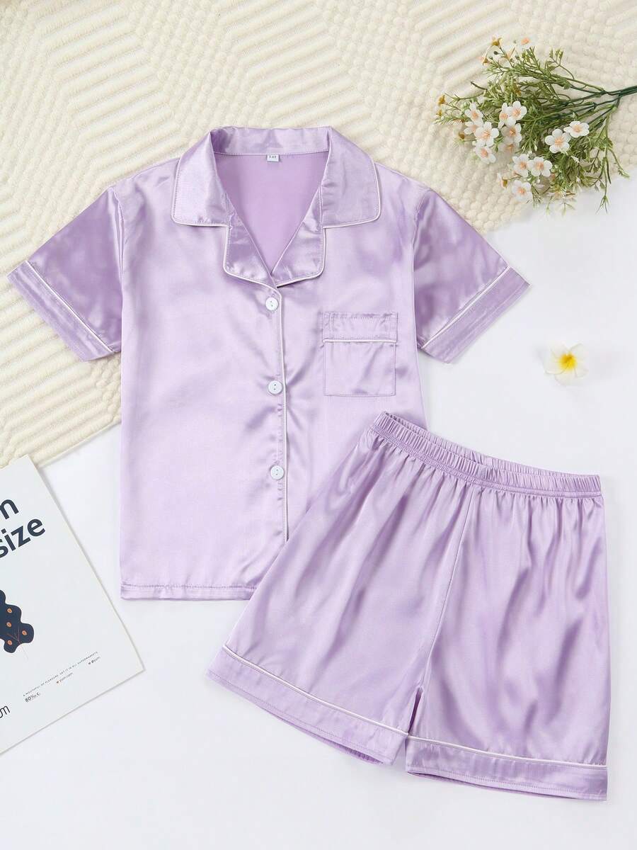 Girls Pajamas, Satin Silky Pjs Set Kids 2Pcs Button-Down Nightwear Sleepwear Gift For Kids - Màu tím hoa cà - Xem 1