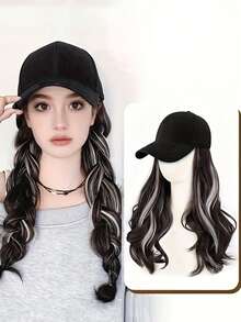 20 英寸波浪卷曲 K 型棒球帽 - 棕黑色，带白茶灰色亮点，高温纤维优雅女士日常穿着、派对和休闲运动装，日常头饰时尚头饰，深波浪假发 - 挑染棕色 - 查看 1