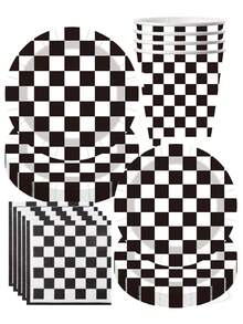 10件套赛车主题黑白格纹派对纸盘套装，一次性生日纸盘、纸杯、纸巾，生日派对用品，露营，茶话会，宴会，婚礼用品 - 彩色 - 查看 6