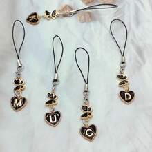 1pc Metallic Heart & Alphabet Letter A-Z Charm Phone Pendant - Black - View 10