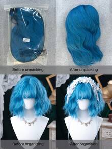 alicegarden 1 片合成耐热卷发，蓝色刘海假发长度 12 英寸，编织日常自然逼真假发。（不含配件） - 藍色 - 查看 8