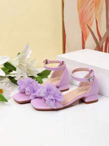 Summer Square Toe Square Heel Floral Decor Sandals, Girls High Heel Dance Shoes, Student Performance & Daily Activity Sandals - Purple - View 4