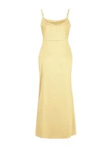 Look Polly 夏季女装，奶油黄色真丝长裙吊带裙，婚礼女装秋季女装，返校服，派对女装露肩礼服舞会礼服，优雅性感露腿长裙返校节礼服万圣节服装女士圣诞服装