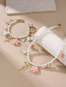 Set de joyas de 1/2 piezas de collar y pulsera con cuentas de perlas falsas con adornos de lazo, corazón, flores de cerámica y cereza para niñas