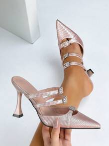 女士时尚水晶扣尖头高跟鞋