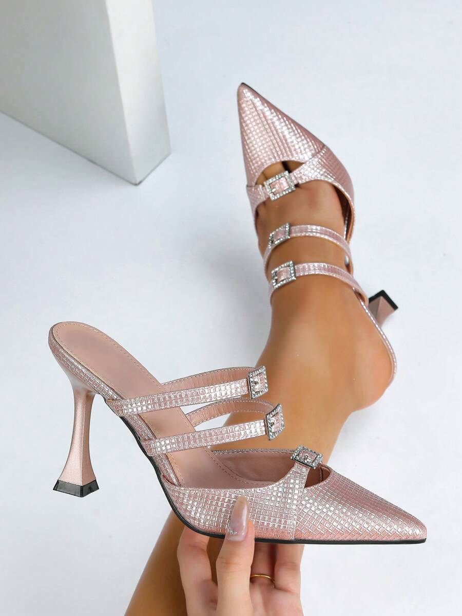 女士时尚水晶扣尖头高跟鞋