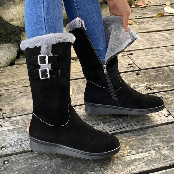 Comfortable & Versatile Casual Snowboots, Thick & Thermal Lined Winter Shoes, Casual Knit Fabric Side Zipper Snowboots, Outdoor Wear, Autumn/Winter