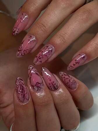 Uppgradera din manikyr direkt! 24 st mandelformade nagelklistermärken, blommig minimalistisk rosa serie, perfekt passform, inkluderar 1 nagelfil och 1 flaska gelégel, nagelvårdsprodukter för kvinnor.