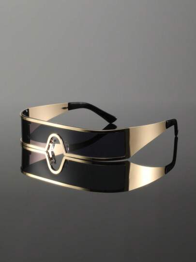 1 Pair Metal Circled Lens Cyberpunk Style Decorative Glasses, Sophisticated Y2K Futuristic Design Wide Temples Fashion Eyewear