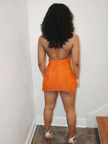 Đầm ôm body hở lưng, xẻ tà, viền mi, trang phục đi nghỉ cho nữ - trái cam - Xem 5