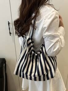 2026 New Retro Style Striped Canvas Bag, Large Capacity, Versatile Use, For Work, School And Outdoor Activities, Can Be Used As A Backpack - Apricot - View 8