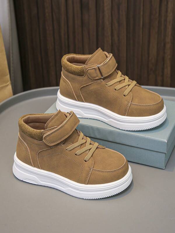 1 Pair Kids High-Top Sneakers, Unisex Brown Sports Shoes, Fashion Hook And Loop Contrast Color Flat Casual Shoes, Suitable For Holidays And Daily Wear