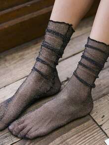 1 Pair Women's Black Shiny Transparent Mesh Stage Party Style Mid-Calf Socks, Suitable For Party Outfits Christmas Gift - one-size - View 3