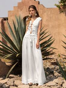 Faeriesty BohoBloom Lace Trim 2 Pieces Set: Sleeveless Cardigan Top And Flowing Midi Skirt - Essential Vacation Outfit (Beach, Garden Party, Holiday Wear) - White - View 3