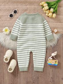 New Striped Knit Long Sleeve Jumpsuit For Infants And Toddlers - Green - View 3
