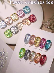 6件/套 2025新款 12ml容量 情人节礼物 夏季梦幻婚礼蕾丝亮片超亮细闪糖果冰透明不对称闪片玻璃纸凝胶指甲油 - 彩色 - 查看 19