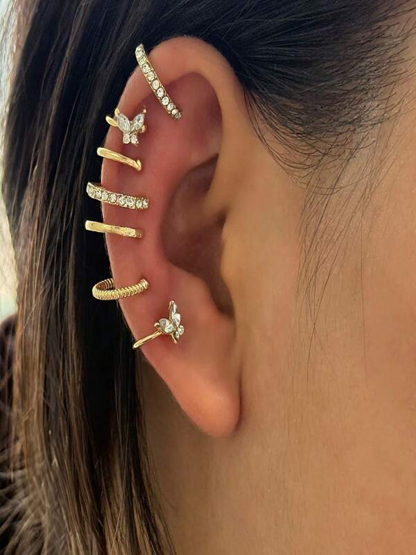 6pcs/Set Minimalist Line Rhinestone Ear Cuffs Earrings, Personalized Double-Layer U-Shaped Clip-On Earrings Set