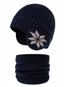 1件装雪花图案儿童护耳帽围巾套装，针织，保暖内衬，加厚，适合冬季户外骑行