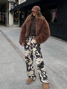 SHIBASHAN Winter Fashion Cropped Faux Fur Jacket Turn-Down Collar Long Sleeve Plush Warm Coat