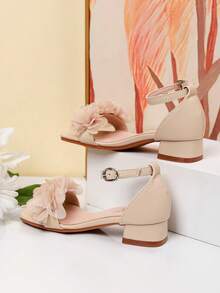 Summer Square Toe Square Heel Floral Decor Sandals Girls High Heel Dance Shoes Student Performance Daily Activity Sandals - Apricot - View 5