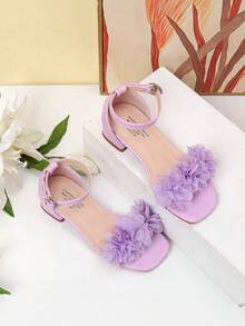 Summer Square Toe Square Heel Floral Decor Sandals, Girls High Heel Dance Shoes, Student Performance & Daily Activity Sandals - Purple - View 5