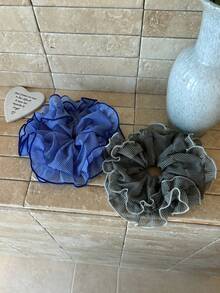 韩国蓝灰色格子网状荷叶边发圈优雅简约蓬松甜甜圈风格发圈，大号发饰，发圈，发球，休闲 - 彩色 - 查看 7