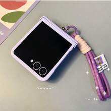 Minimalist Cute Purple Phone Case With Wrist Strap, Compatible With Samsung Galaxy Z Flip 5, Z Flip 6, Shock-Resistant Back Cover, Waterproof, Anti-Fall, Anti-Scratch - Purple - View 10