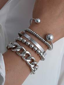 3 件/5 件/7 件复古优雅夸张宽金属素面手镯套装，个性化简约高端分层佩戴，银饰适合女性、节日、派对、约会、礼物、日常搭配 - 銀色 - 查看 13