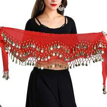 Chiffon Belly Dance Hip Scarf With 128 Coins For Yoga Class - Red - View 3