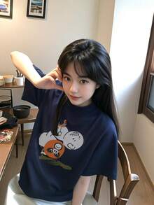 100% Cotton Ladies' T-Shirt, Short Sleeves, Crew Neck, New For Summer 2025, Cute Illustration, Simple And Stylish, Cute Animal Design On Shirt, Casual, Crew Neck - 藏蓝色 - 查看 1