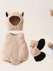 Baby Halloween Animal Outfits Plush Patchwork Sleeveless Round Neck Romper With Hat And Shoes 4Pcs Clothing Sets For Toddler Boys Girls Halloween Clothes - Khaki - View 3