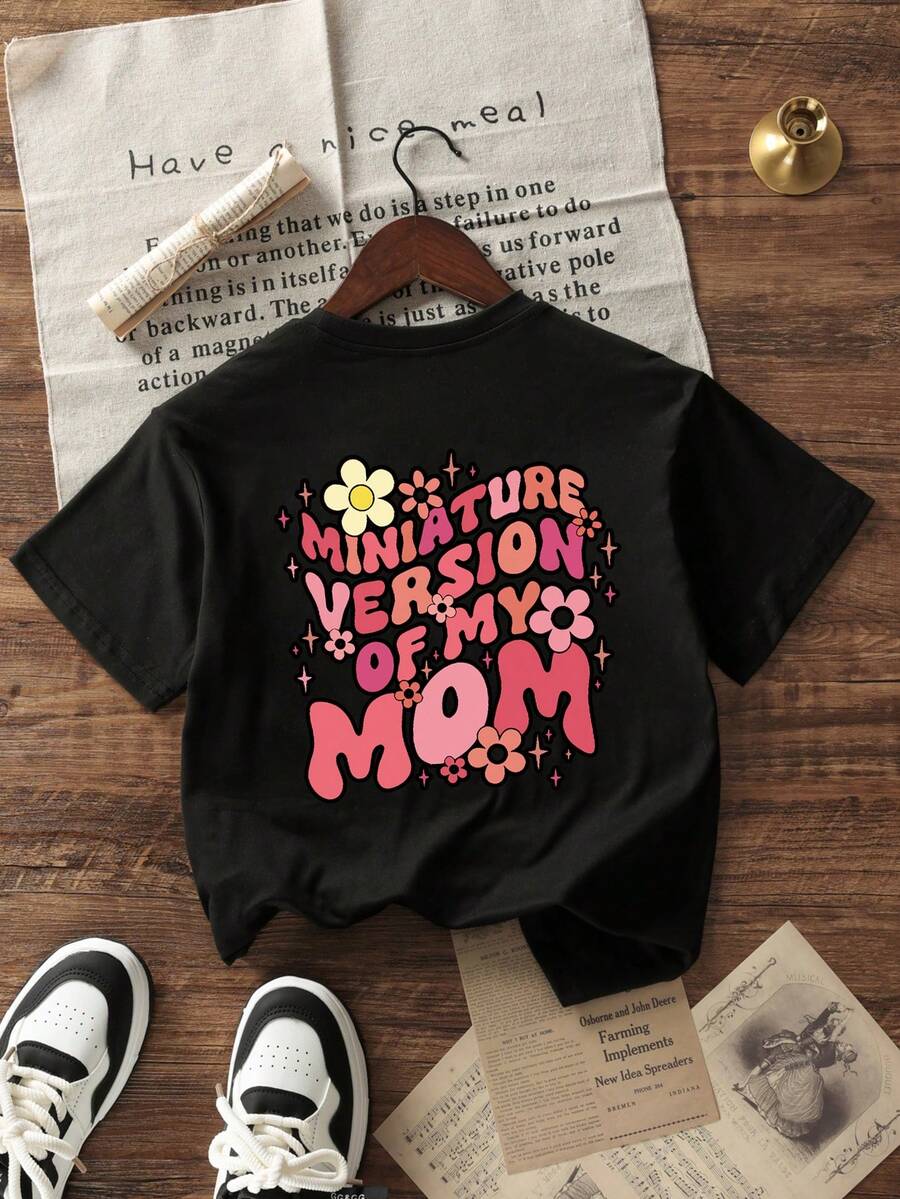 Áo thun ngắn tay cổ tròn màu đen giản dị dành cho thanh thiếu niên Tween Girl có thiết kế in hình cho mùa hè - màu đen - Xem 1