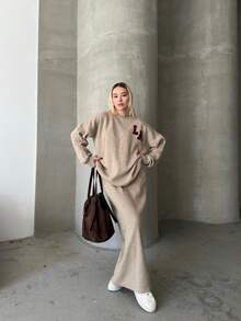 Button Detailed Skirt Set, Solid Color Casual Split Ribbed Button Co-Ord Set For Home Wear - Coffee Brown - View 4